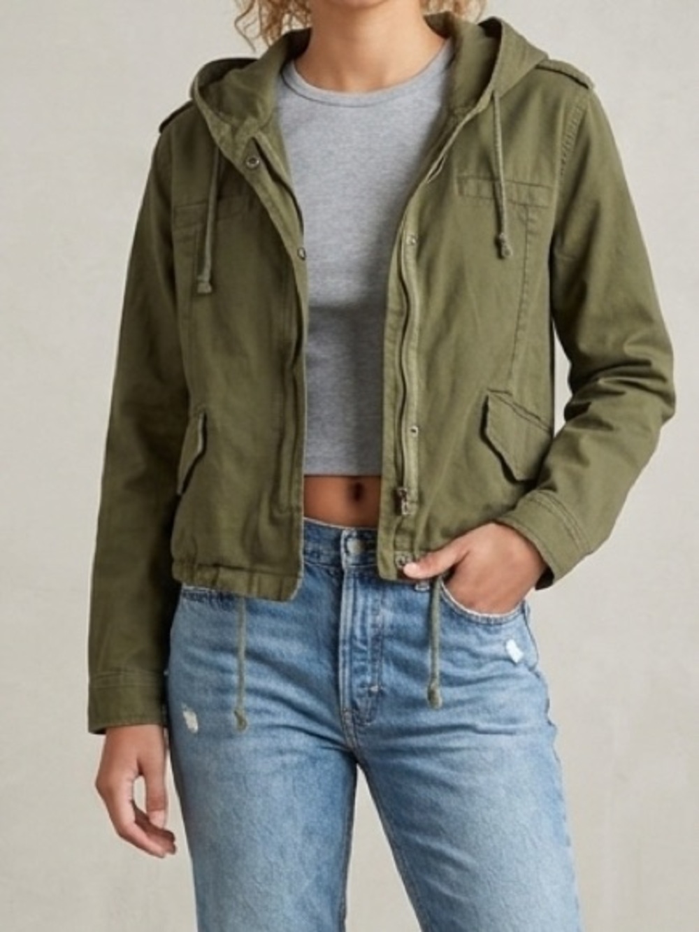 Brandy Melville Cargo Green ZIp Up Jacket Size Small Hood